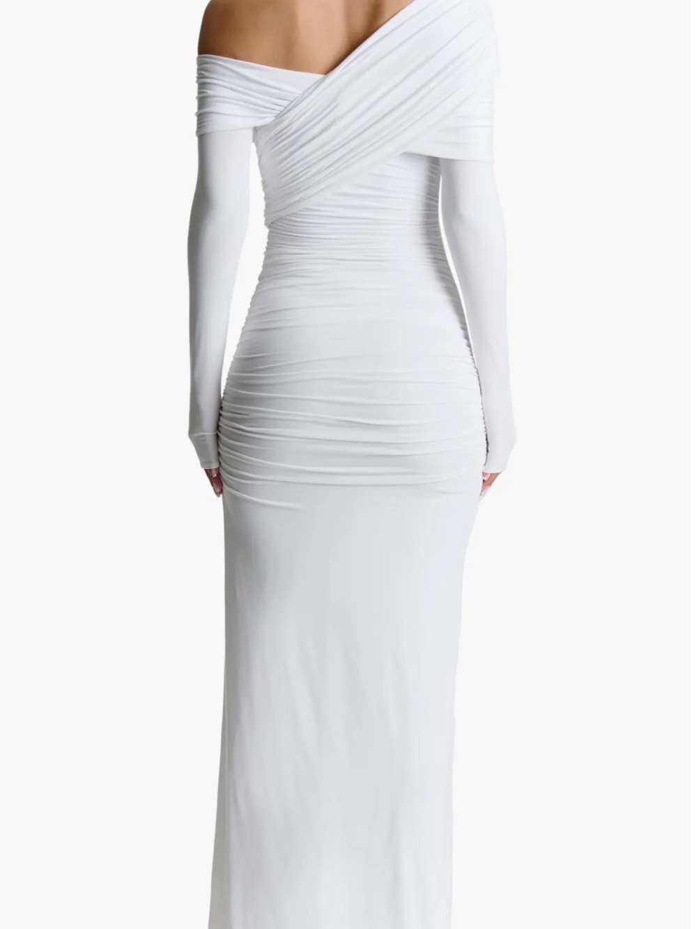 naked wardrobe White One-Shoulder Ruched Long Sleeve Maxi Dress